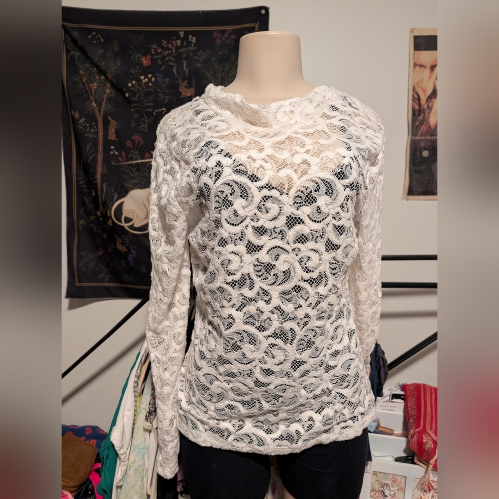 WHBM Lace Top Long Sleeve Ivory Cream Floral Elegant Sheer Blouse